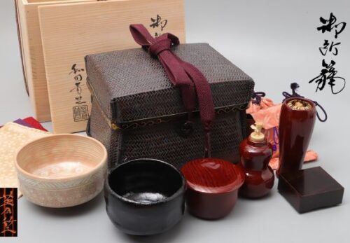 茶道具 和田菁竺作 御所篭 竹編茶箱 茶道具一式 三島手茶碗 瓢箪形 振出 茶巾筒