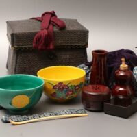 茶道具 和田菁竺作 御所篭 竹編茶箱 茶道具一式 手塚祥堂造 茶碗 瓢箪形 振出 茶巾筒