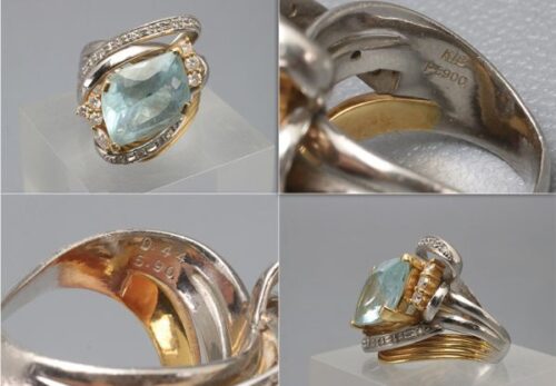 K18刻・Pt900刻 脇石ダイヤ 水色石 金 プラチナ 指輪