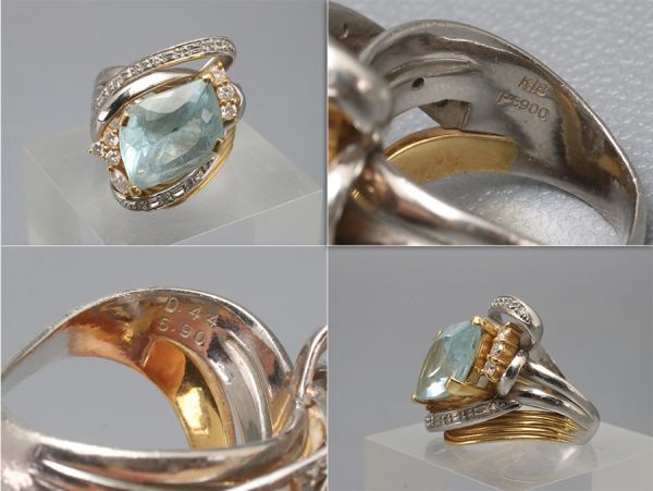 K18刻・Pt900刻 脇石ダイヤ 水色石 金 プラチナ 指輪