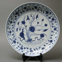 中国美術 染付 花唐草文 皿 幅33.9cm 合箱